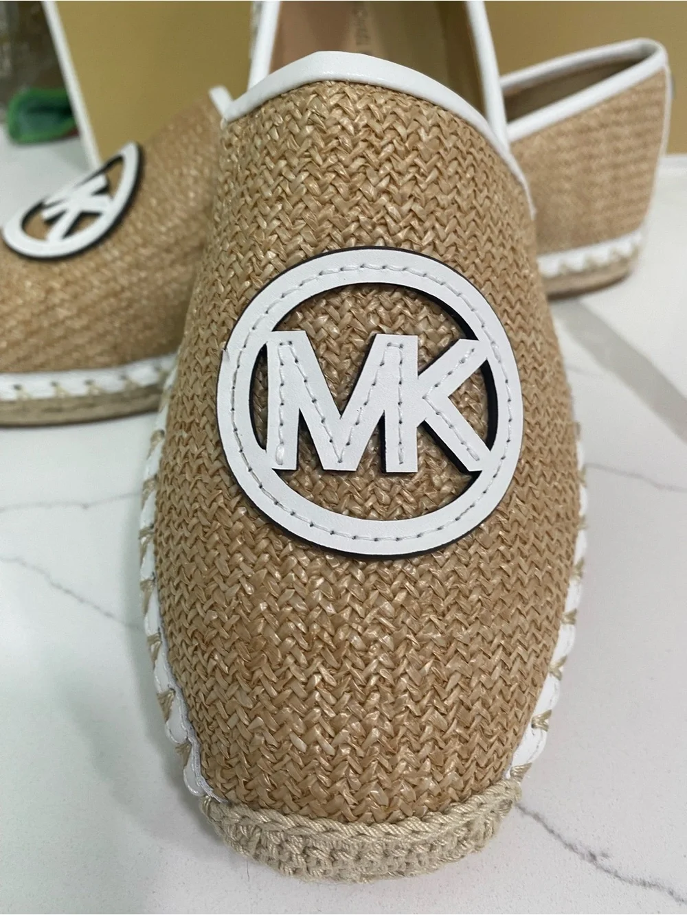 Michael Kors Tan Raffia Slip-On Loafers with White MK Emblem